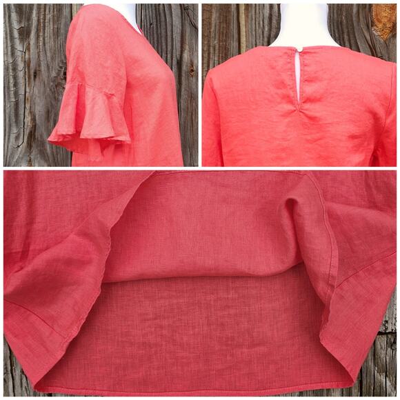 Ruffle Sleeve 100% Linen Blouse For Cynthia Size S Coral Bright Spring Top Shirt - Picture 1 of 9